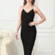 Women's Elegant Straps Ruched Midi Cami Dress Black Clothing Wholesale Market -LIUHUA