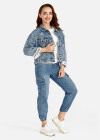 Wholesale Women's Casual Letter Embroidery Flap Pockets Ripped Button Down Distressed Crop Denim Jacket - Liuhuamall