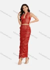 Wholesale Women's Sexy Plain Halter Open Back Zip Crop Top & Ruched Split Hem Maxi Skirt 2 Pieces Set - Liuhuamall