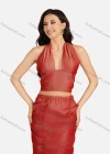 Wholesale Women's Sexy Plain Halter Open Back Zip Crop Top & Ruched Split Hem Maxi Skirt 2 Pieces Set - Liuhuamall