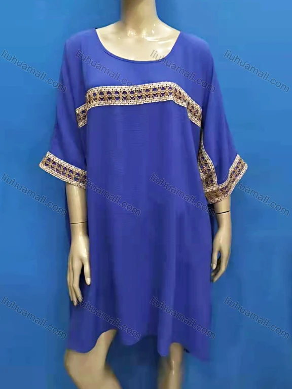 Wholesale Women's Vintage Crew Neck 3/4 Sleeve Embroidery Trim Short Dress