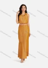Wholesale Women's Casual Plain Collared Rhinestone Crop Top & Ruffle Split Hem Maxi Skirt 2 Pieces Set - Liuhuamall