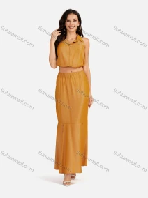 Wholesale Women's Casual Plain Collared Rhinestone Crop Top & Ruffle Split Hem Maxi Skirt 2 Pieces Set, LIUHUA CLOTHING WHOLESALE