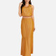 Women's Casual Plain Collared Rhinestone Crop Top & Ruffle Split Hem Maxi Skirt 2 Pieces Set Orange Clothing Wholesale Market -LIUHUA