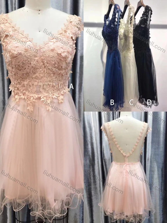 Wholesale Women's Glamorous Plain V Neck Backless Appliques Splicing Lace Pearl Decor Short Bridesmaid Dress WS-A017#