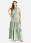 Wholesale Women's Casual Sleeveles Layered Ruffle Hem Polka Dot Print Maxi Halter Dress With Belt - Liuhuamall