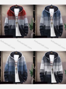 Wholesale Men's Casual Striped Drawstring Long Sleeve Zip Hooded Fleece Sweater Jacket, LIUHUA CLOTHING WHOLESALE