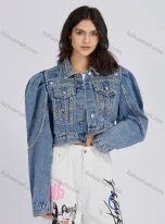 Wholesale Women's Casual Rhinestones Rivets Buttons Down Long Sleeve Denim Jacket 30277#, LIUHUA CLOTHING WHOLESALE