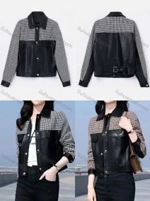 Wholesale Women's Casual Collared Long Sleeve Stiching Color Leather Jacket, LIUHUA CLOTHING WHOLESALE