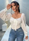 Wholesale Women's Sweetheart Neck Lantern Sleeve Bow Tie Buttons Open Back Plain Blouse AY094# - Liuhuamall