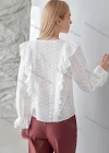 Wholesale Women's Round Neck Poet Sleeve Ruffle Trim Button Down Eyelet Lace Plain Blouse AY198# - Liuhuamall