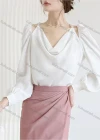 Wholesale Women's Casual Cowl Neck Puff Sleeve Ruched Cold Shoulder Plain Blouse 126212# - Liuhuamall