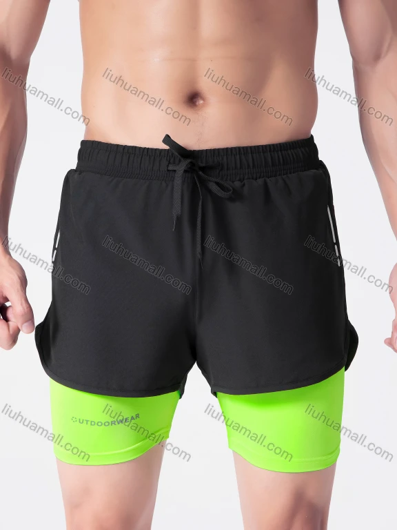 Wholesale Men's Athletic Workout 2-in-1 Plain Drawstring Elastic Waist Shorts 62201#