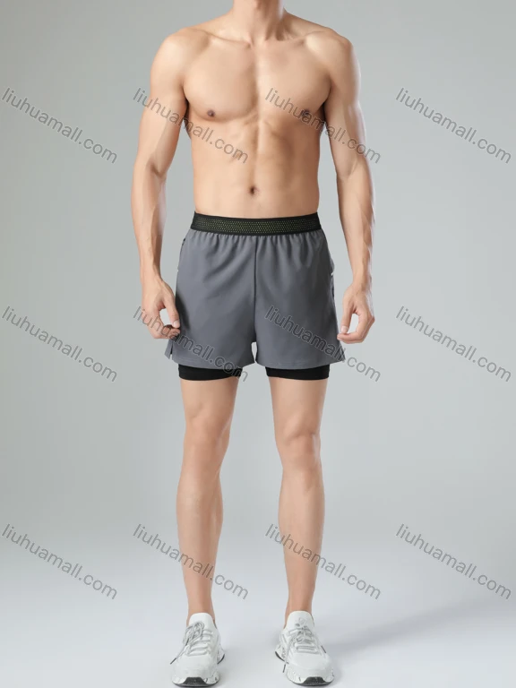 Wholesale Men's Athletic Workout 2-in-1 Plain Patch Pocket Split Side Elastic Waist Shorts 62203#