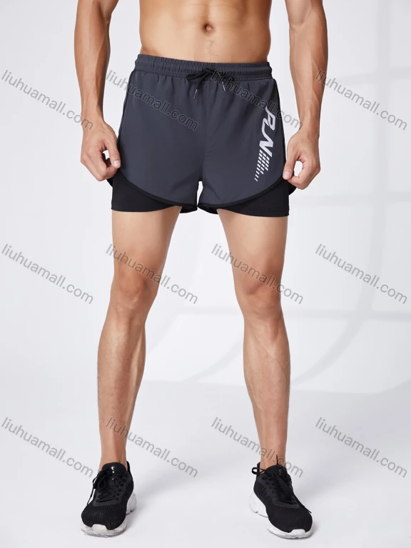 Wholesale Men's Athletic Workout 2-in-1 Letter Print Drawstring Elastic Waist Shorts 62210#