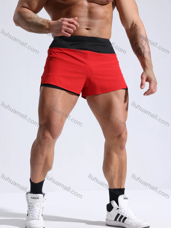 Wholesale Men's Athletic Workout 2-in-1 Colorblock Drawstring Elastic Waist Shorts 62219#