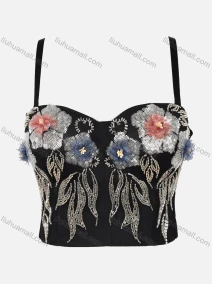 Wholesale Women's Sexy Tube Top Sequins Beads Decor 3D Flowers Appliques Crop Cami Top, LIUHUA CLOTHING WHOLESALE