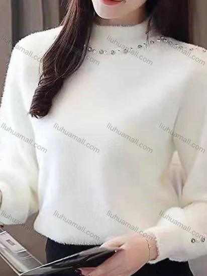 Wholesale Women's Casual Mock Neck Plain Beaded Decor Long Sleeve Sweater Top 633#