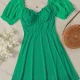 Wholesale Women's Sweetheart Neck Puff Sleeve Open Back Ruffle Trim Lace Up Plain Short Dress AY186# Green Clothing Wholesale Market Liuhua