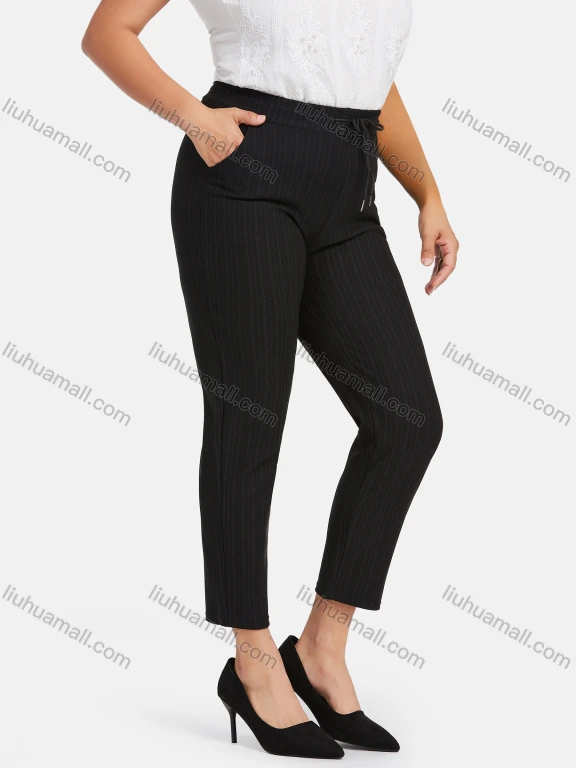Wholesale Women's Casual Plus Size High Elastic Striped Print Stright Leg Pants With Drawstring 33103#