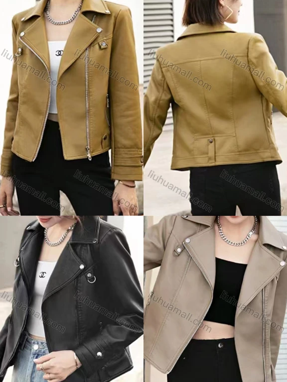 Wholesale Women's Casual Lapel Long Sleeve Plain Leather Jacket