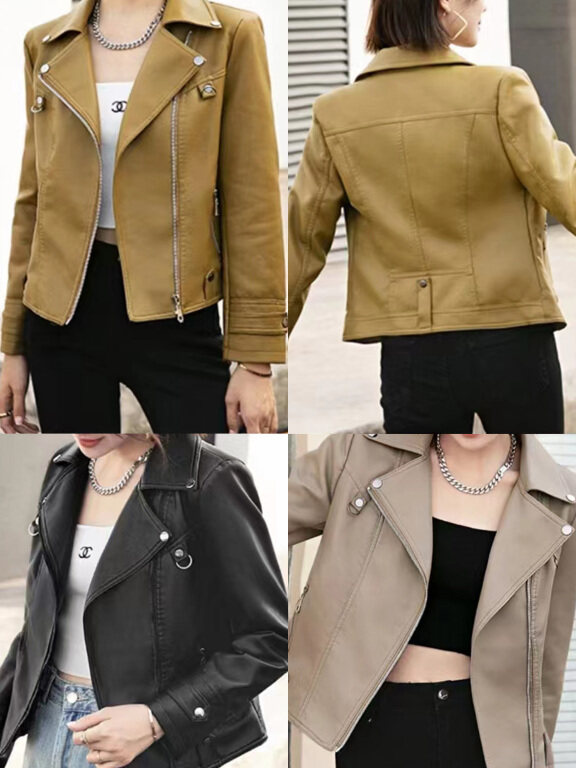 Women's Casual Lapel Long Sleeve Plain Leather Jacket, Clothing Wholesale Market -LIUHUA, leather%20jackets