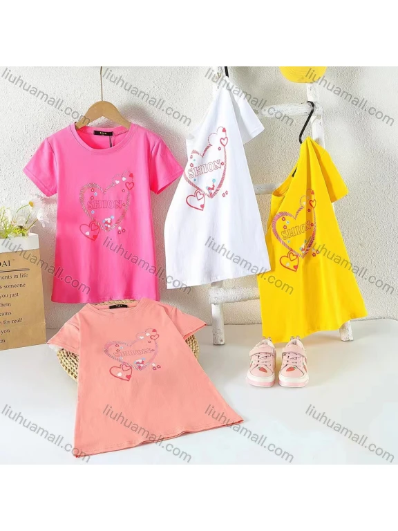 Wholesale Girl's Casual Heart Print 100% Cotton Round Neck Short Sleeve Tee