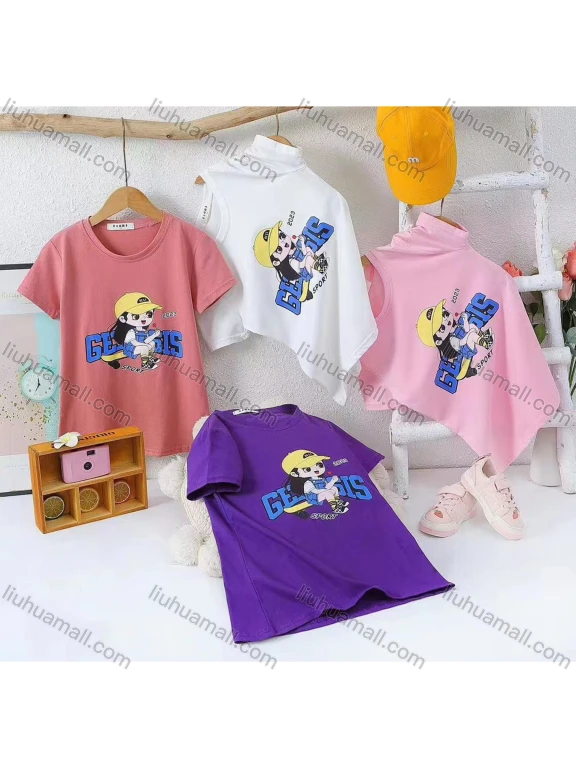 Wholesale Girl's Casual Cartoon Print 100% Cotton Round Neck Short Sleeve Tee
