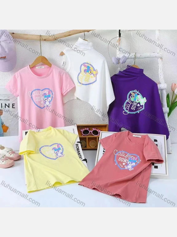 Wholesale Girl's Casual Cartoon Print 100% Cotton Round Neck Short Sleeve Tee