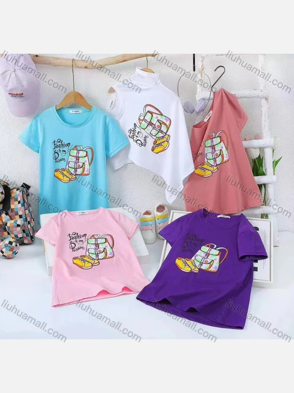 Wholesale Girl's Casual Cartoon Print 100% Cotton Round Neck Short Sleeve Tee