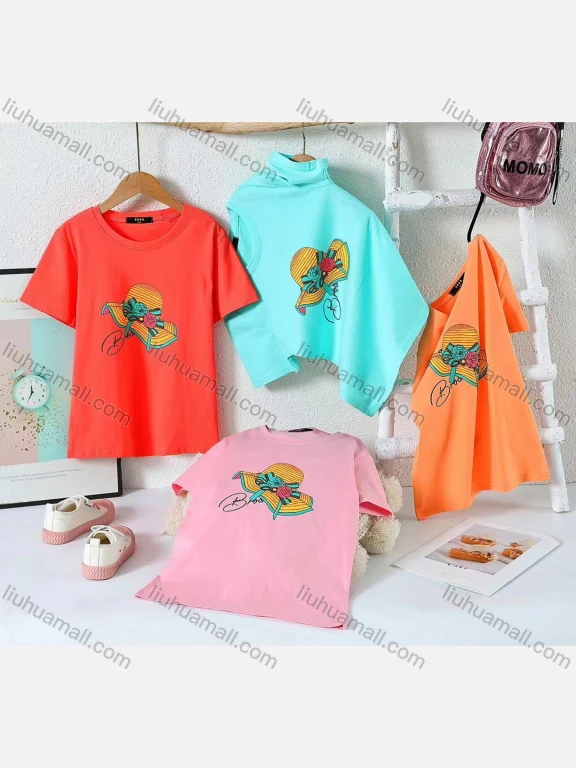 Wholesale Girl's Casual Cartoon Print 100% Cotton Round Neck Short Sleeve Tee
