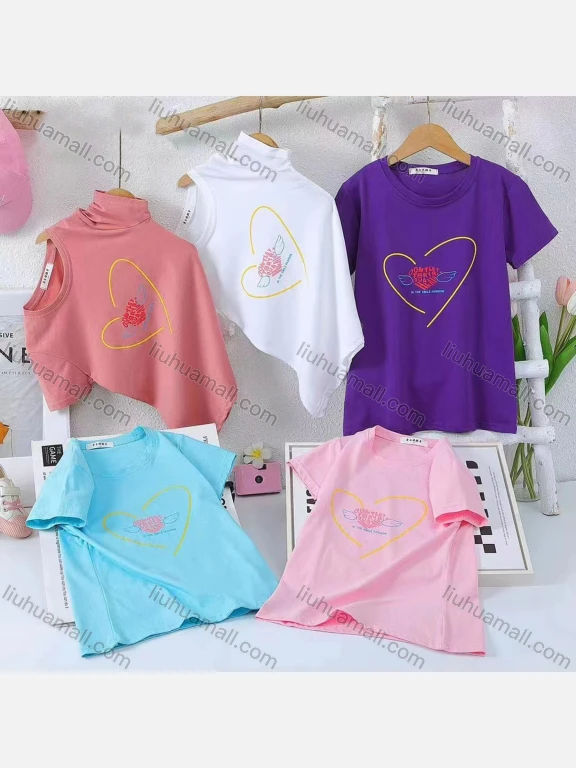 Wholesale Girl's Casual Heart Print 100% Cotton Round Neck Short Sleeve Tee