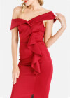 Wholesale Women's Elegant Plain Off Shoulder Zip Back Ruffle Trim Split Hem Bodycon Maxi Evening Dress - Liuhuamall