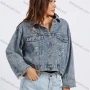 Wholesale Women's Fashion Loose Fit Distressed Button Letter Embroidery Crop Denim Jacket preview