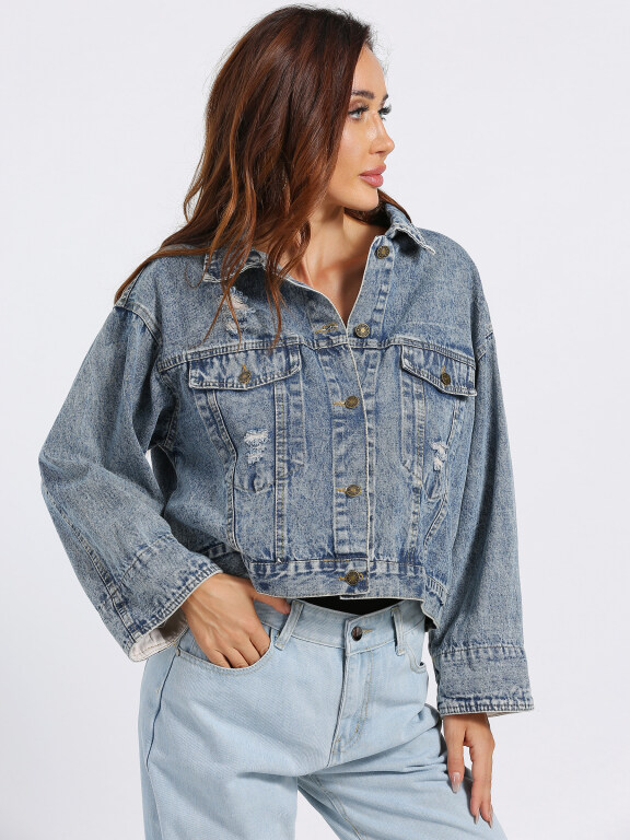 Women's Fashion Loose Fit Distressed Button Letter Embroidery Crop Denim Jacket, Clothing Wholesale Market -LIUHUA, Coats%20%26%20Jackets