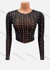 Wholesale Women's Fashion Plain Pearl Decor Crew Neck Long Sleeve Crop Top FD3117# - Liuhuamall