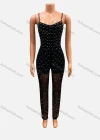 Wholesale Women's Fashion Allover Rhinestone Print Bodycon Spaghetti Strap Jumpsuit FD307# - Liuhuamall