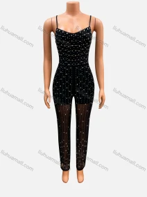 Wholesale Women's Fashion Allover Rhinestone Print Bodycon Spaghetti Strap Jumpsuit FD307#, LIUHUA CLOTHING WHOLESALE