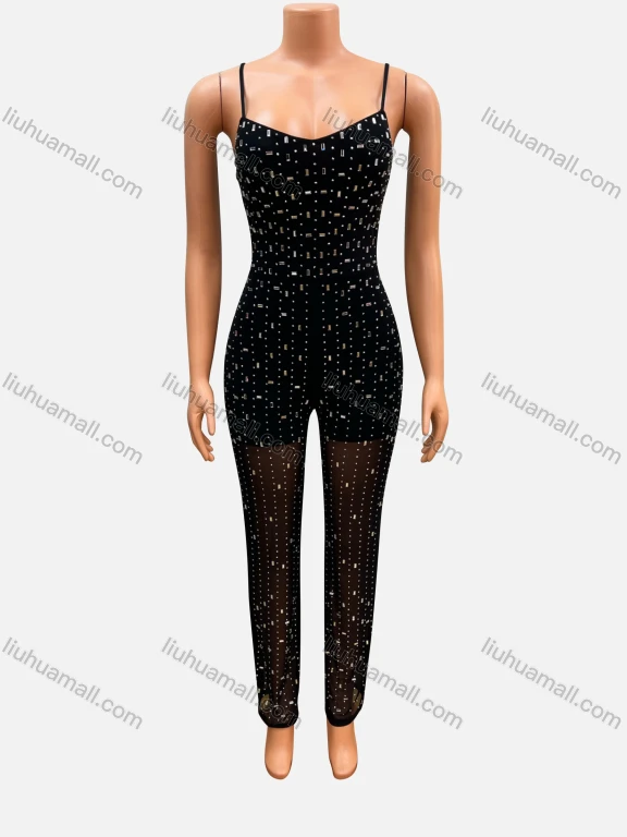 Wholesale Women's Fashion Allover Rhinestone Print Bodycon Spaghetti Strap Jumpsuit FD307#