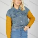 Wholesale Women's Trendy Plain Splicing Button Down Collared Flap Pockets Long Sleeve Crop Denim Jacket Blue Clothing Wholesale Market Liuhua