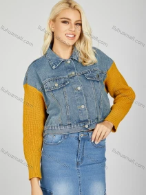 Wholesale Women's Trendy Plain Splicing Button Down Collared Flap Pockets Long Sleeve Crop Denim Jacket, LIUHUA CLOTHING WHOLESALE