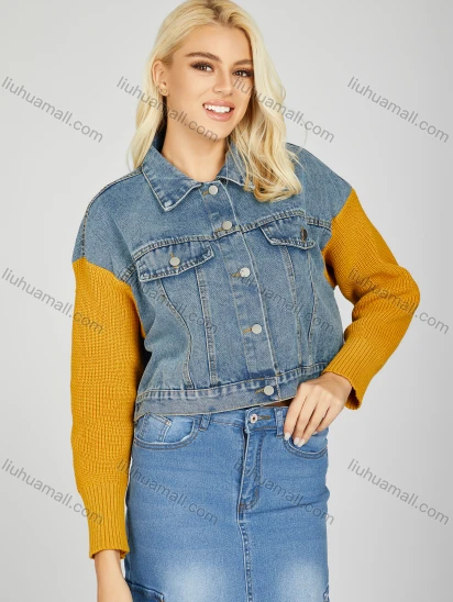 Wholesale Women's Trendy Plain Splicing Button Down Collared Flap Pockets Long Sleeve Crop Denim Jacket