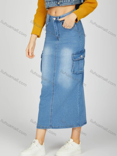 Wholesale Women's Elegant Plain Wash Flap Pockets Split Hem High Waist Denim Maxi Skirt