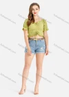 Wholesale Women's Chiffon Sweetheart Neck Ruffle Trim Poet Sleeve Plain Crop Blouse - Liuhuamall