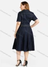 Wholesale Women's Plus Size Casual Button Font Pleated Flared Denim Knee Length Shirt Dress - Liuhuamall