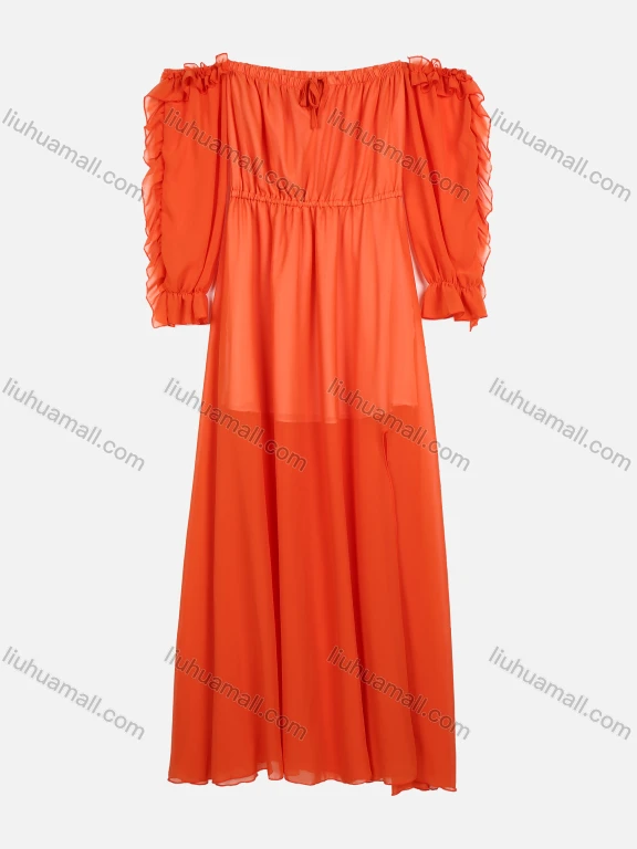 Wholesale Women's Puff Sleeve Mesh Ruffle Trim Off Shoudler Split Thigh Plain Maxi Dress