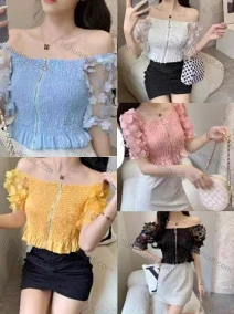 Wholesale Women's Casual Off Shoulder Short Sleeve Zipper Ruffle Hem Ruched Appliques Top, LIUHUA CLOTHING WHOLESALE