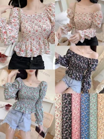 Wholesale Women's Casual Square Neck Poet Sleeve Ruffle Hem Floral Print Top, LIUHUA CLOTHING WHOLESALE
