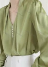 Wholesale Women's Elegant V Neck Bishop Sleeve Pearl Decor Ruched Plain Blouse - Liuhuamall