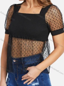 Wholesale Women's Sexy Lace Sleeve Heart Print Perspective Splicing Ruched Blouse, LIUHUA CLOTHING WHOLESALE